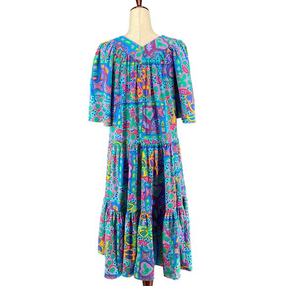 Vtg 80s 90s Two Potato Laguna Beach Artsy Midi Tiered Muumuu Dress XS Cotton NOS - Picture 3 of 16